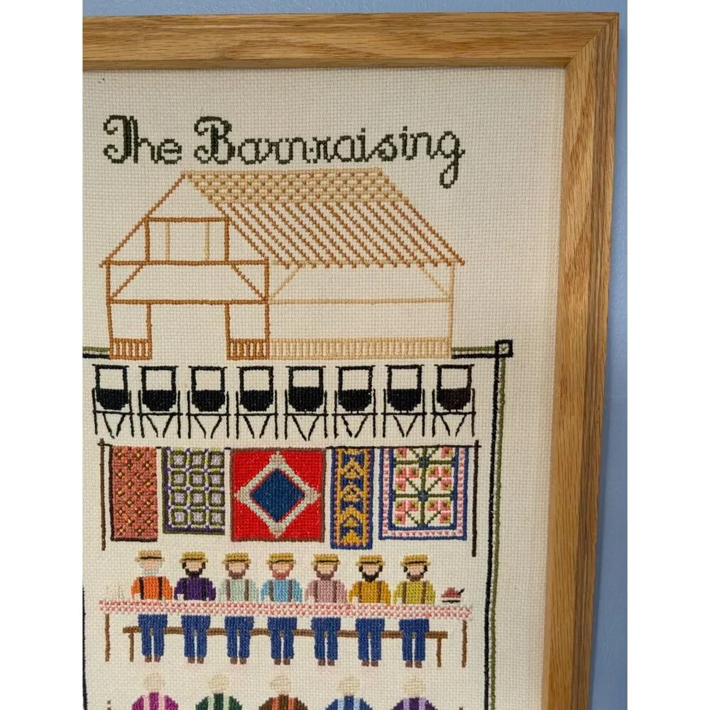 Vintage Barnraising Needlepoint Art Handcrafted Framed Cross Stitch Wall Decor - Picture 12 of 13